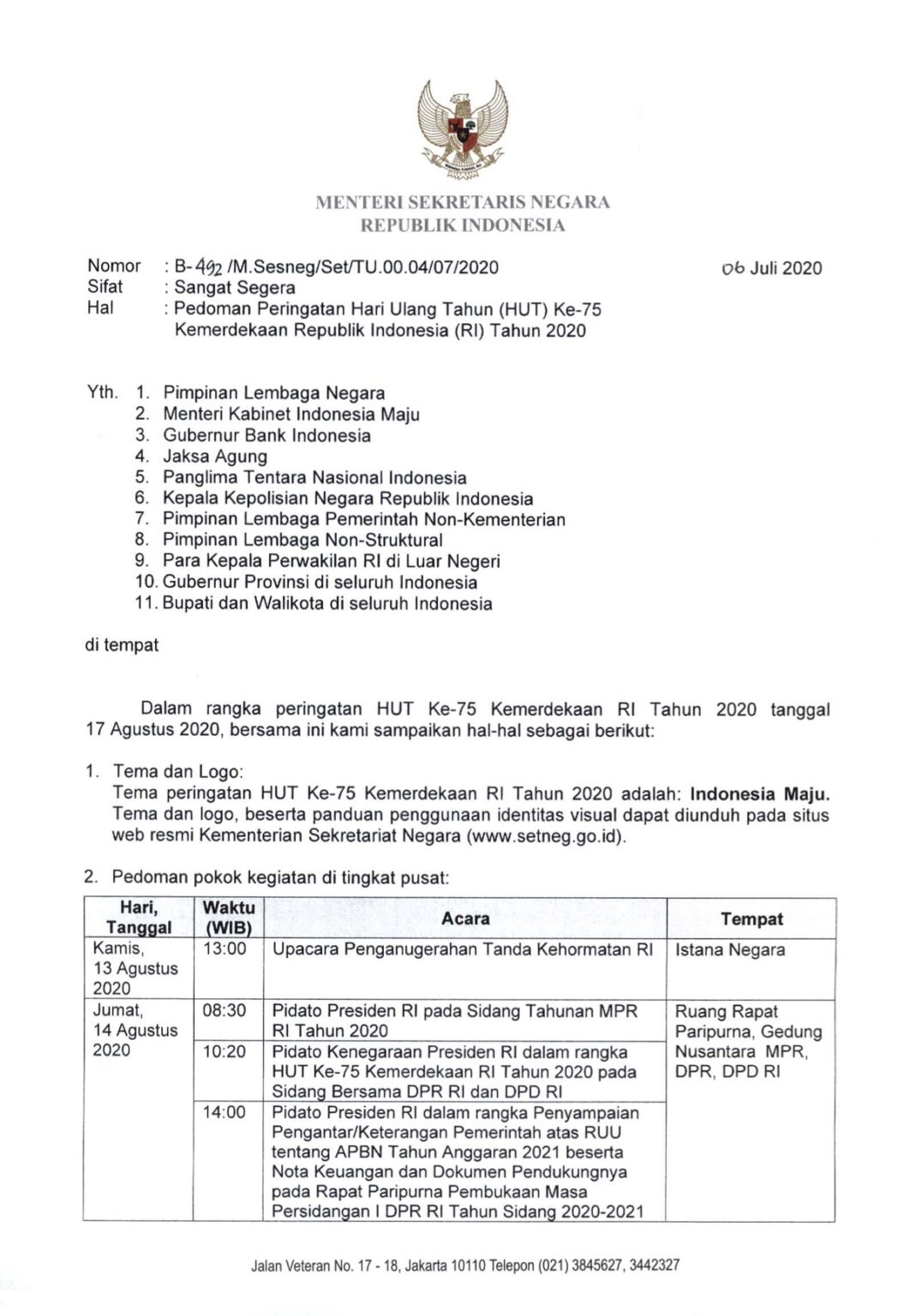 Surat Menteri Sekertaris Negara HUT RI ke 75 – Indonesia Timur
